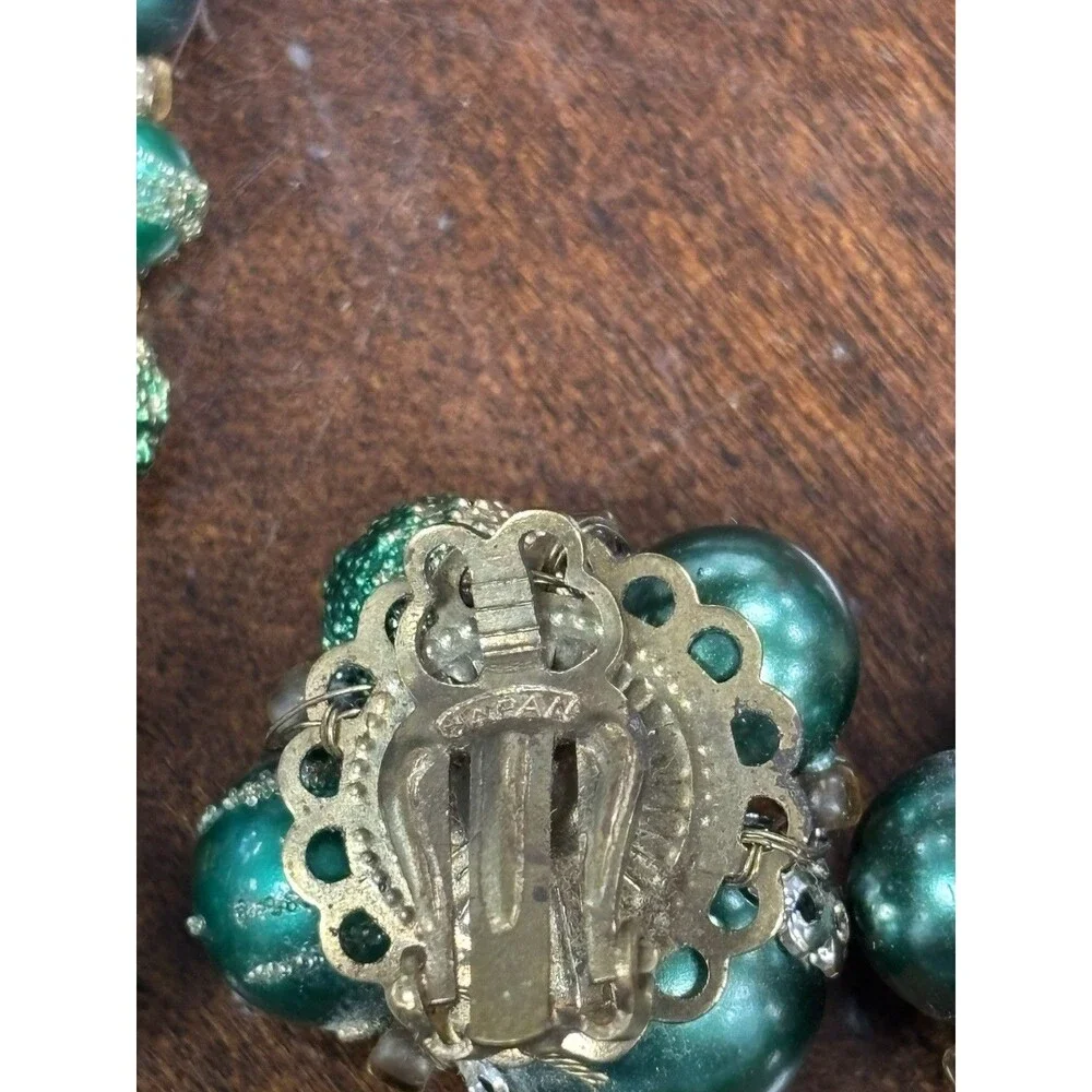 Vintage 1950s Japan Green Sugar Bead Triple Strand Necklace Clip Earrings Set